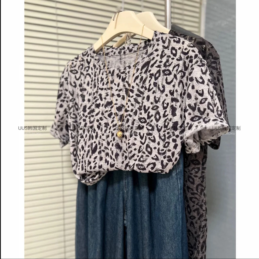 高端欧货2025年夏季新款休闲百搭宽松圆领镂空豹纹短袖T恤女上衣