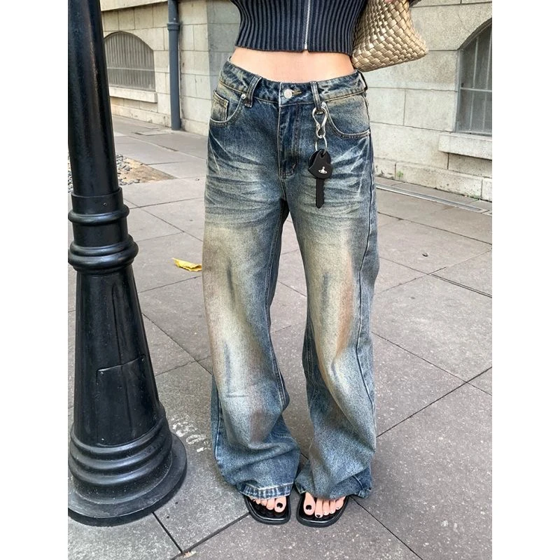美式复古水洗做旧直筒牛仔裤女秋季高腰宽松百搭阔腿拖地长裤