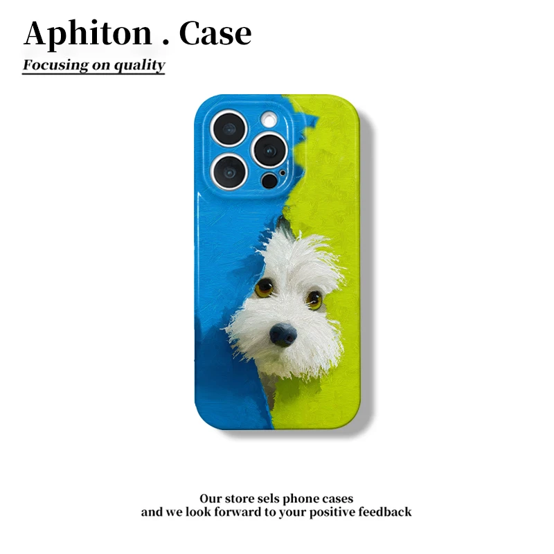 SMBLCE油画蓝绿毛绒狗适用iPhone16菲林手机壳华为vivo小米15oppo