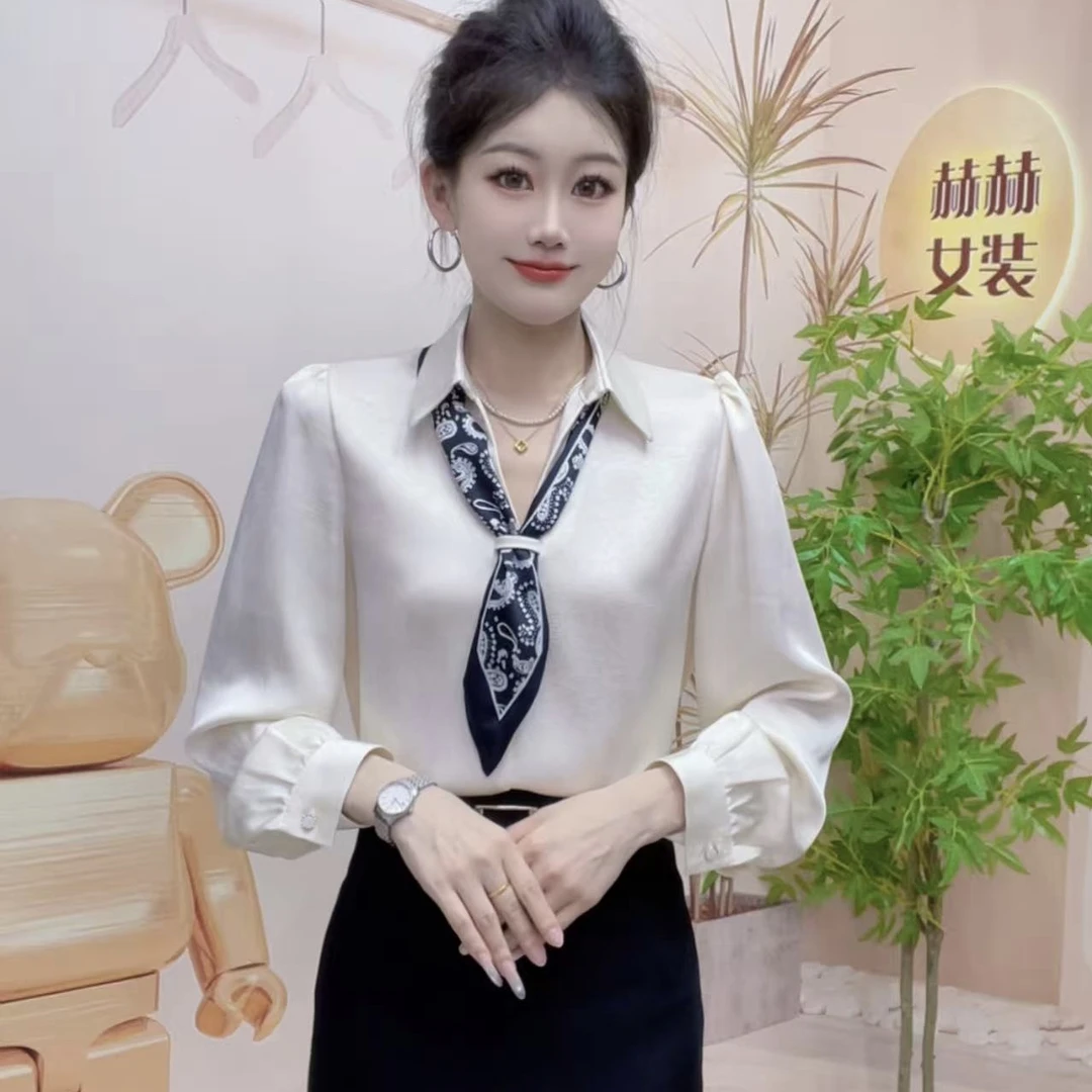 2025秋季缎面长袖衬衫飘带显瘦新款短袖时尚女装百搭气质遮肉上衣