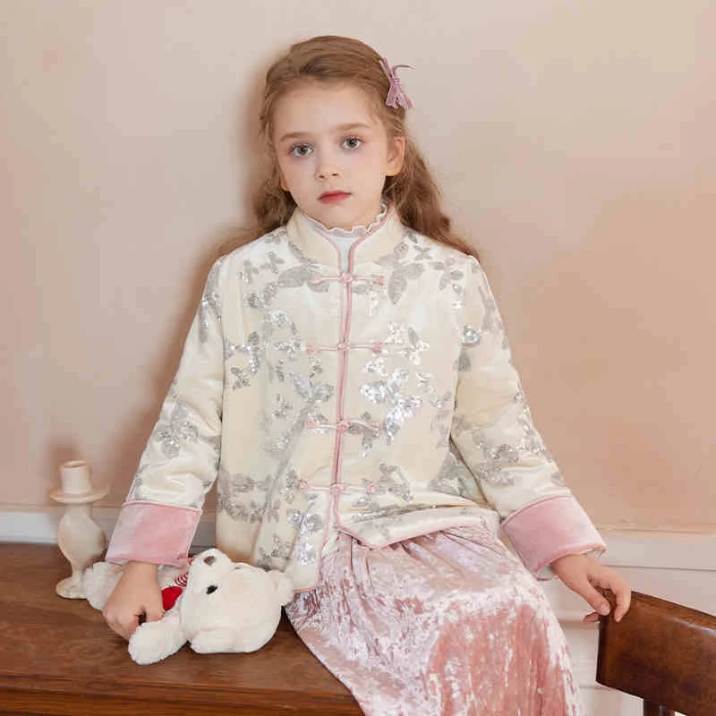 女童新中式套装洋气外套冬季国风丝绒保暖棉服儿童拜年服两件套