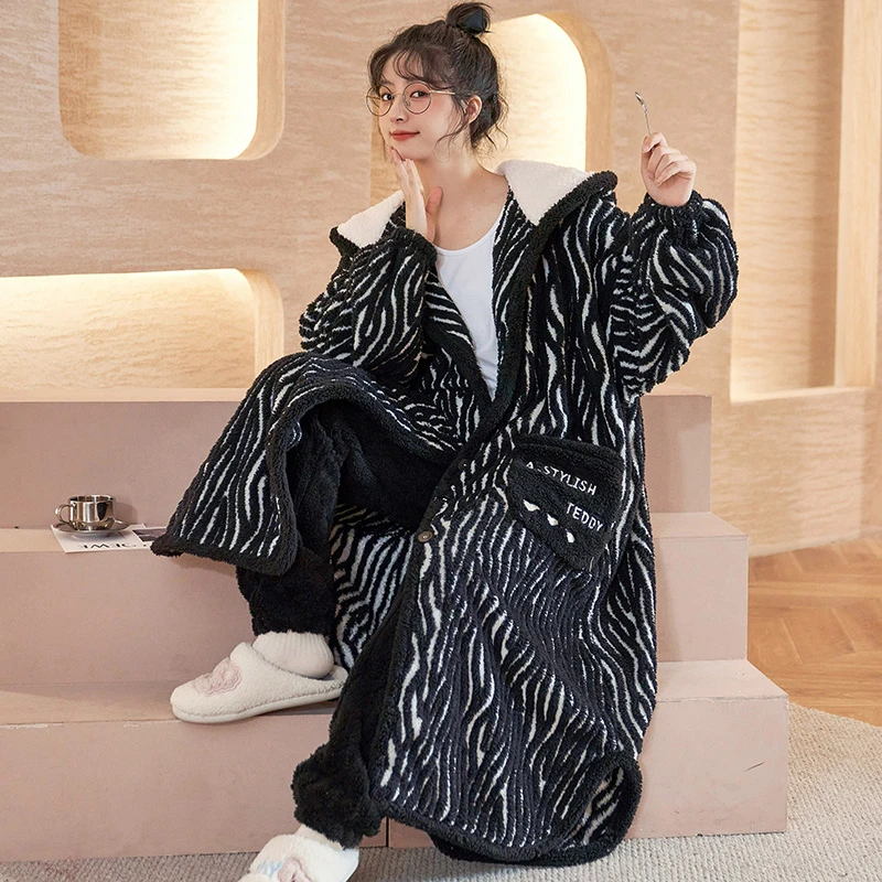 法兰绒睡袍女士秋冬季珊瑚绒睡衣女保暖甜美韩版家居服套装 2259