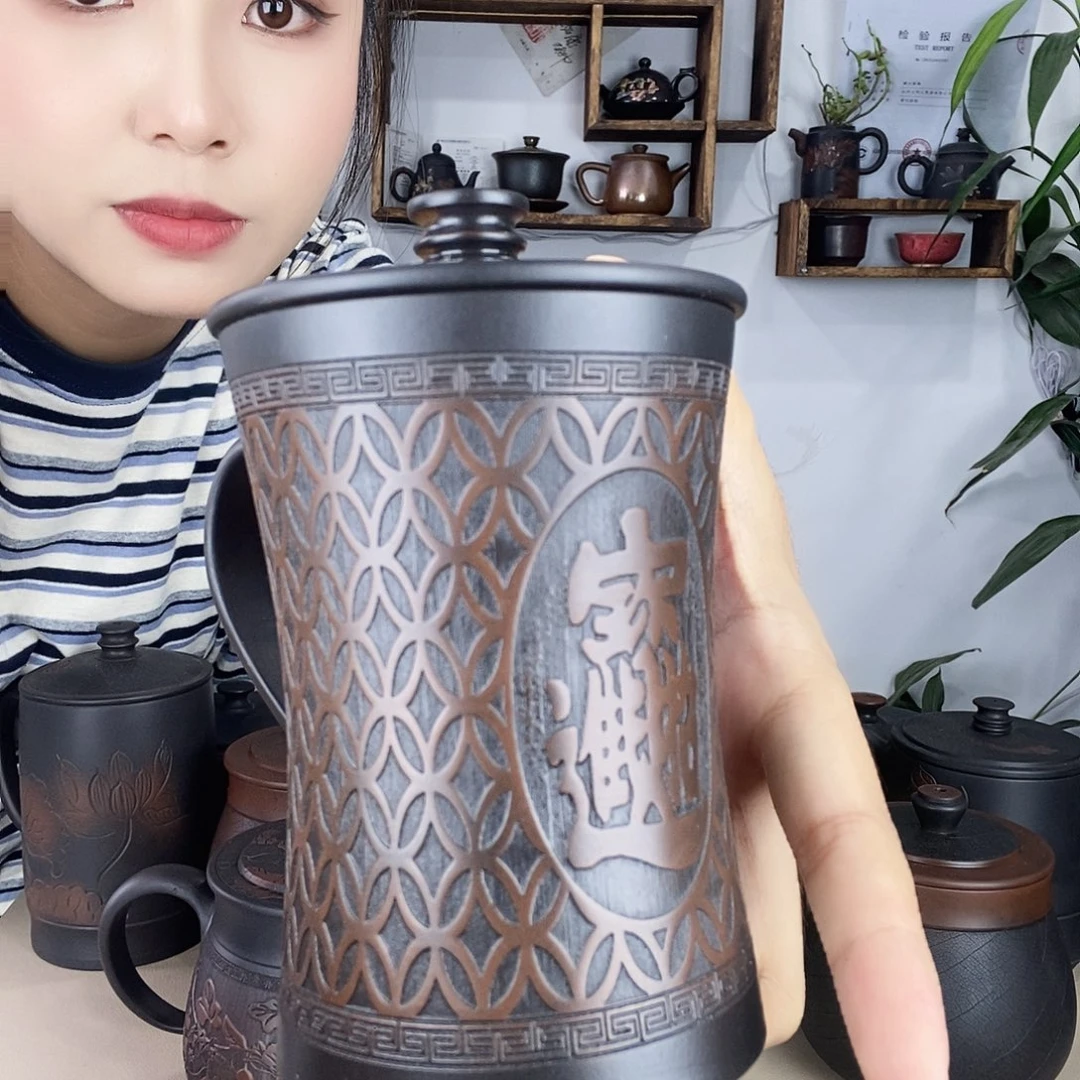 任*波建水紫陶满雕小蛮腰办公杯