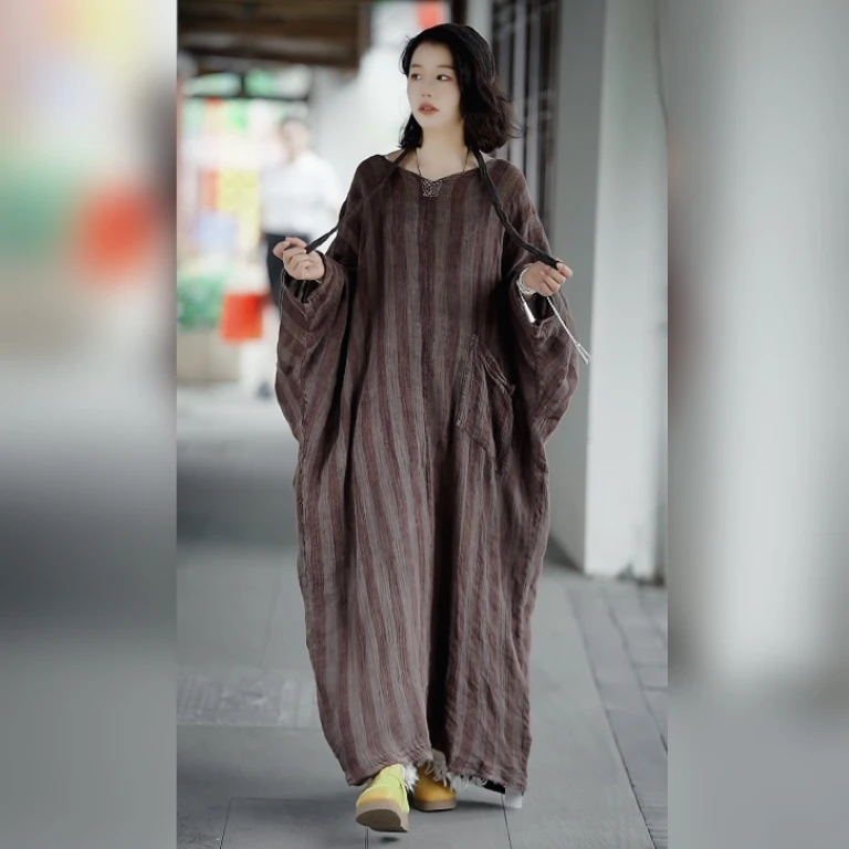 情侣无极雨露麻条纹长裙