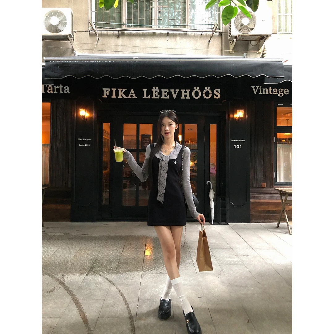 【英语老师连衣裙】秋季韩系甜辣气质时尚百搭背心连衣裙DJ1586