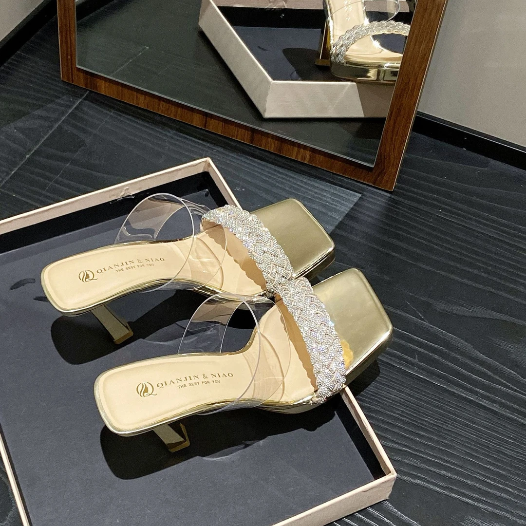 【8公分】优雅方头气质水钻透明夏季外穿细高跟一字拖鞋女2025夏款