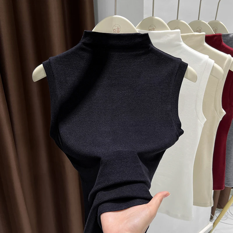 春秋季黑色气质高领无袖内搭T恤女软糯亲肤修身保暖针织打底衫女
