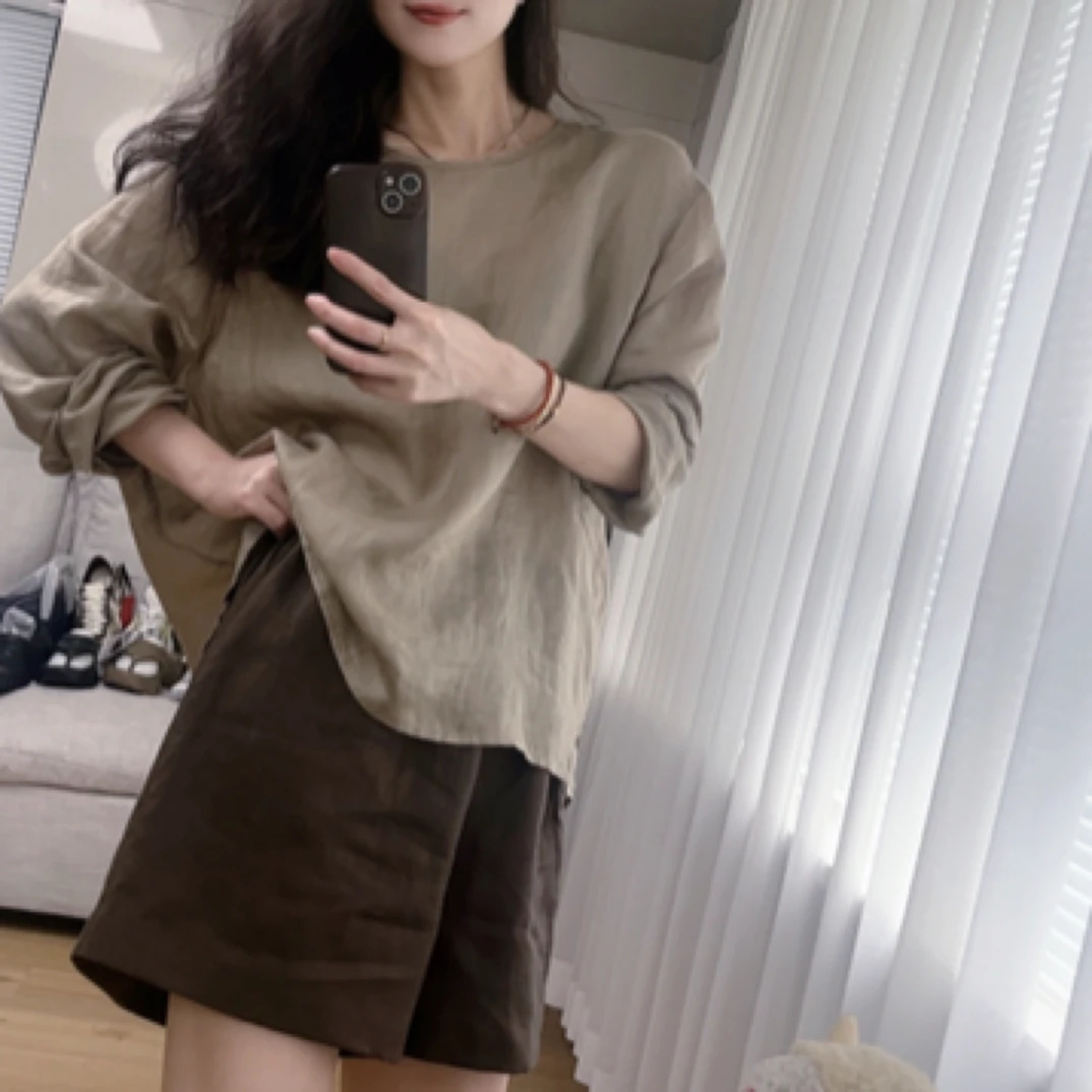 她家现货自制韩版气质简约宽松百搭纯色长袖圆领套头苎麻衬衫