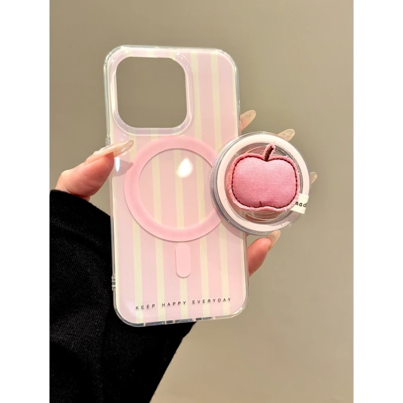 适用苹果iphone16promax条纹苹果5pro磁吸14pro支架13粉色手机壳