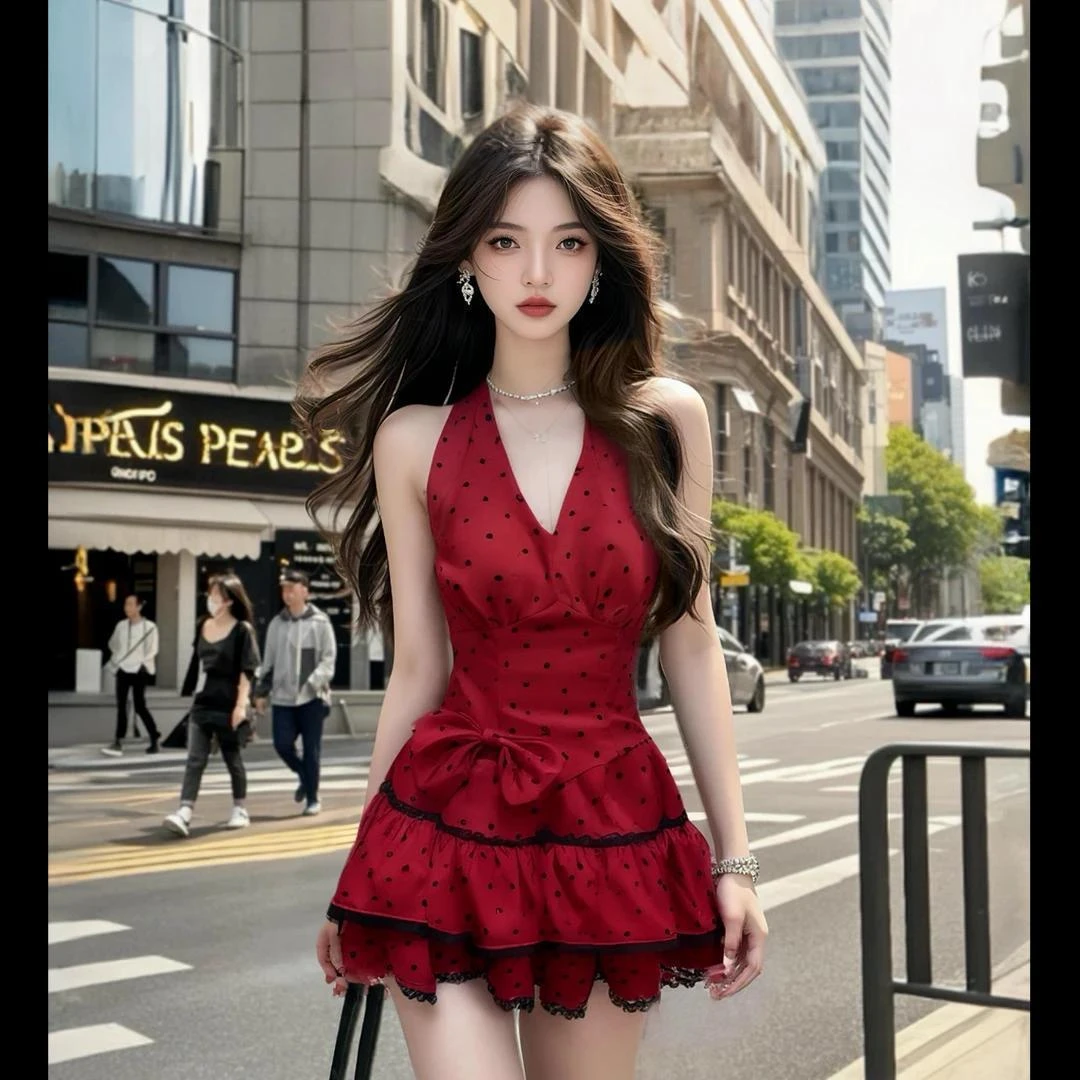 2025夏季新款性感辣妹红色挂脖V领长裙衬衫波点修身收腰连衣裙