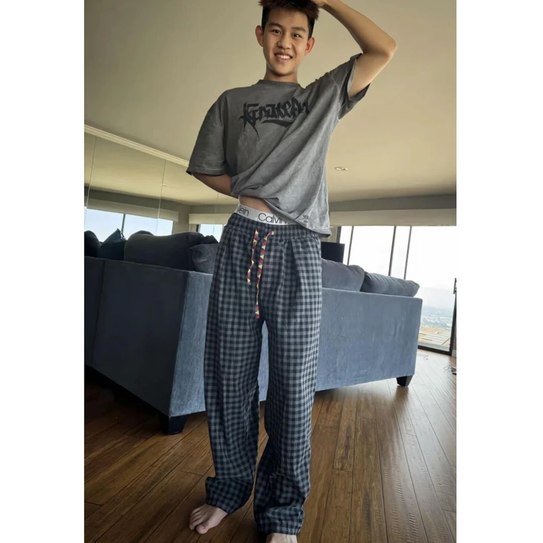 cleanfit黑灰色格子裤男款夏季薄款冰丝阔腿休闲裤慵懒风速干裤子