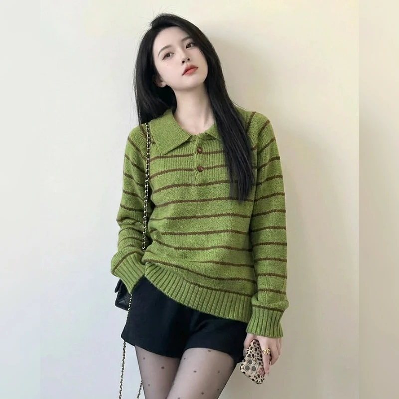 胖mm特大码女装韩系条纹polo翻领毛衣女秋冬季宽松保暖针织衫上衣