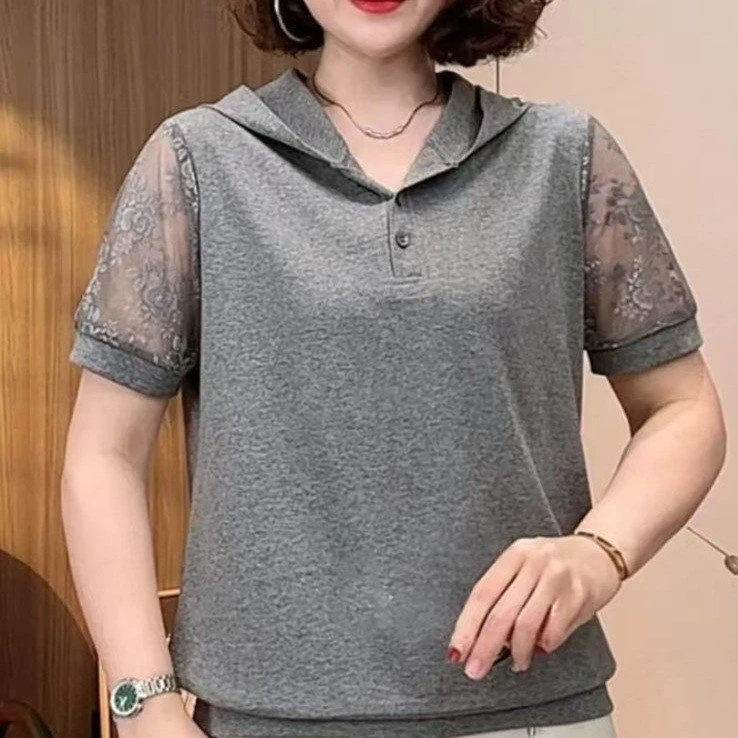 2025休闲时尚百搭连帽蕾丝拼接短袖T恤女减龄显瘦上衣t恤夏装夏天
