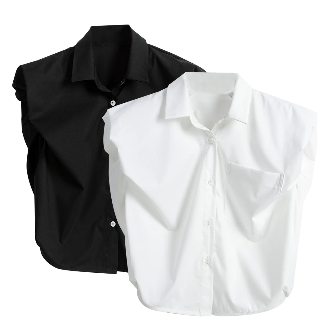 RAIN▪CUN云端丨无袖设计款 白色时尚百搭宽松翻领女短款衬衫10937