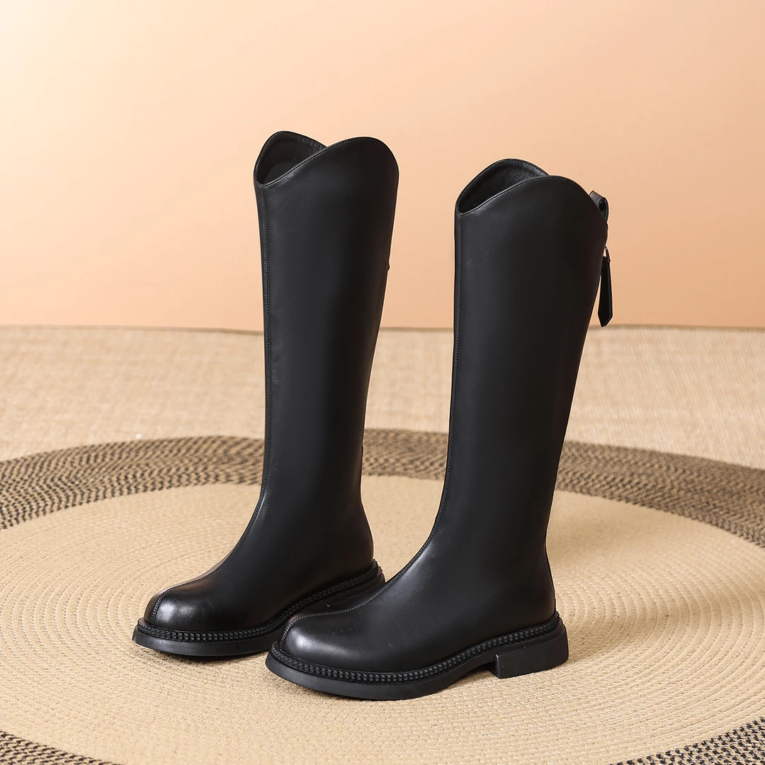 3cm平底v口长筒靴女2025秋冬季新款加宽筒遮肉长靴平底加绒骑士靴