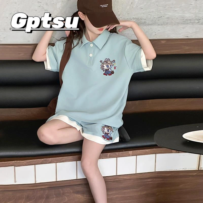 GPTSu韩国女套装2025夏季新款儿童短袖polo衫短裤两件套女孩衣服