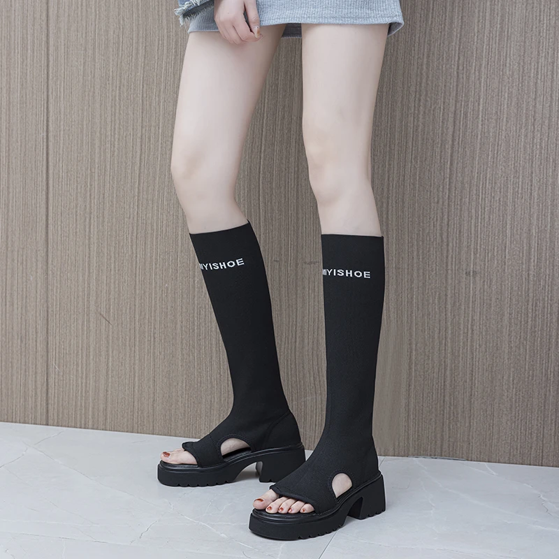 夏季网红夹趾凉靴新款弹力针织显瘦高筒靴时尚粗跟厚底百搭弹力靴