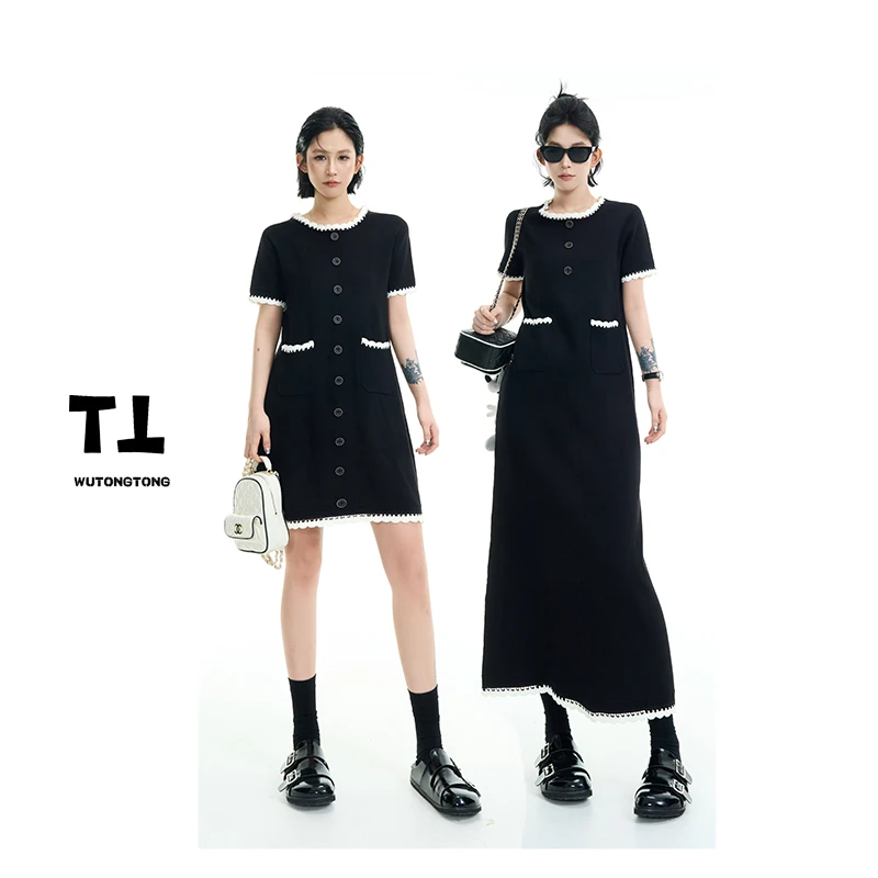 现货【绒兔敦敦】夏季针织连衣裙女显瘦简约百搭针织A字裙62336