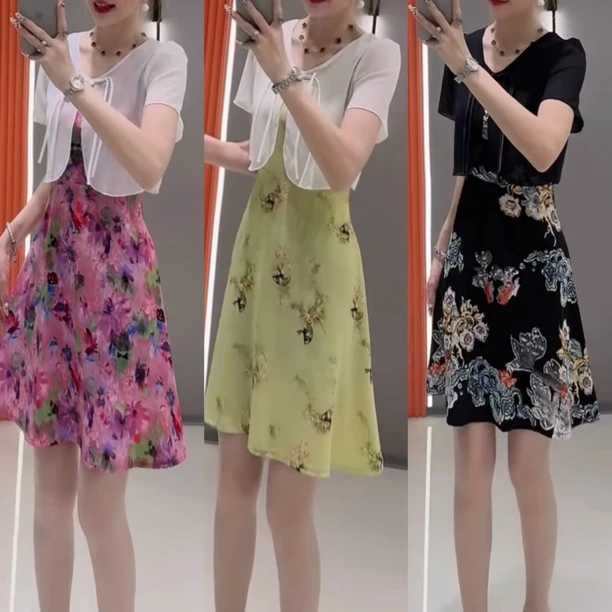 碎花拼接假两件连衣裙女2025夏季新款遮肚显瘦时尚气质连衣裙