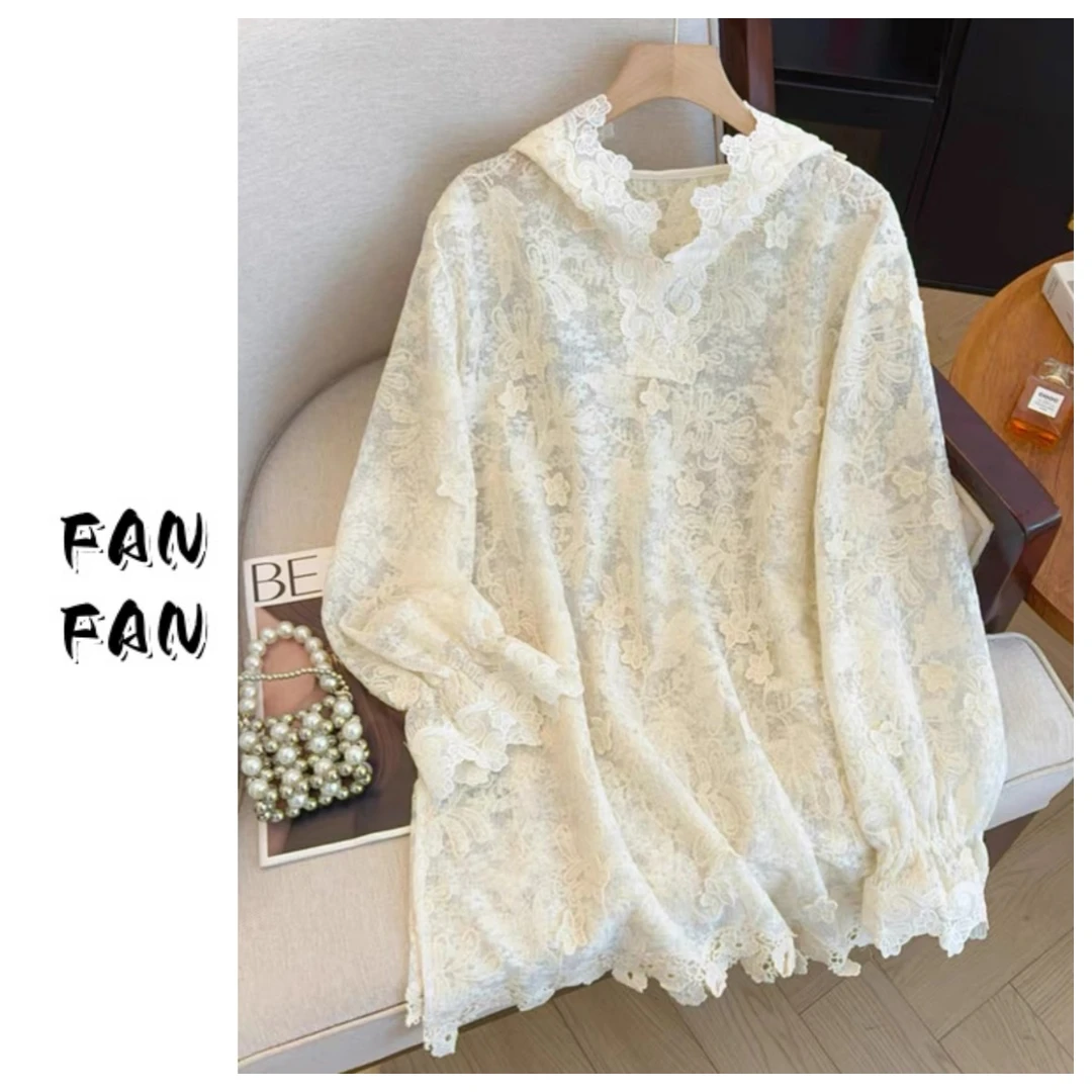 FANFAN {蕾丝立体花朵}连帽小衫衬衫