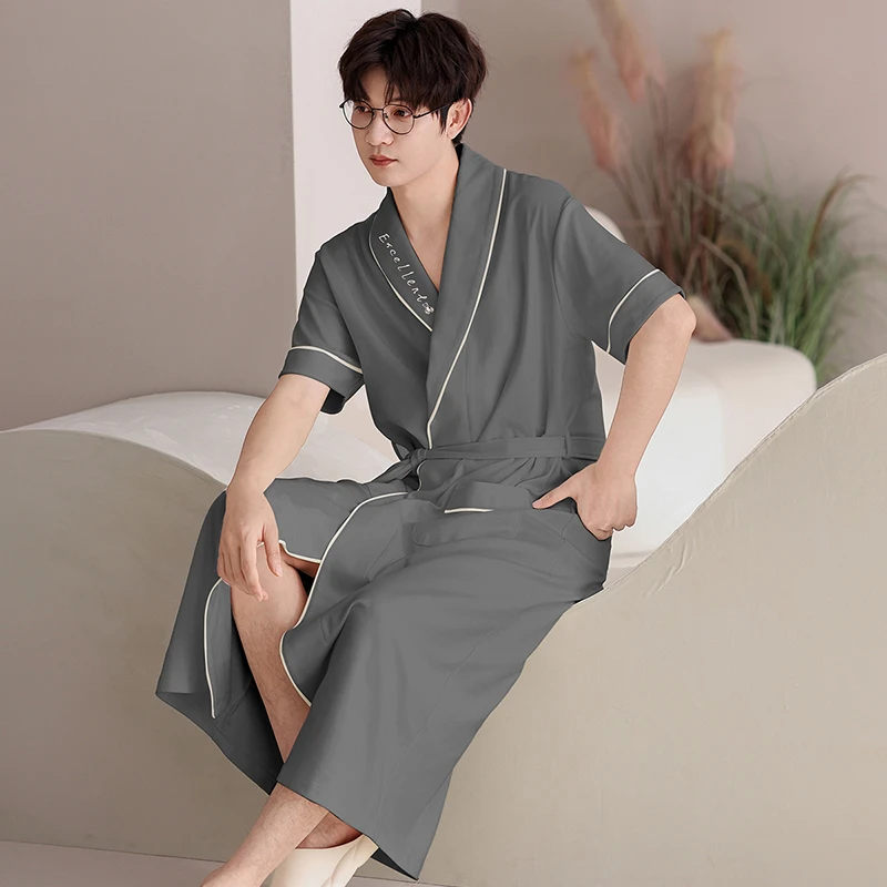 莫代尔男士睡袍睡衣男款夏款纯棉浴袍夏天男式100％睡衣中长款晨袍