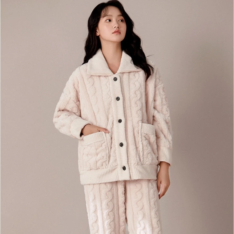 秋冬季加绒加厚家居服简约长袖舒适保暖睡衣可外穿女加厚