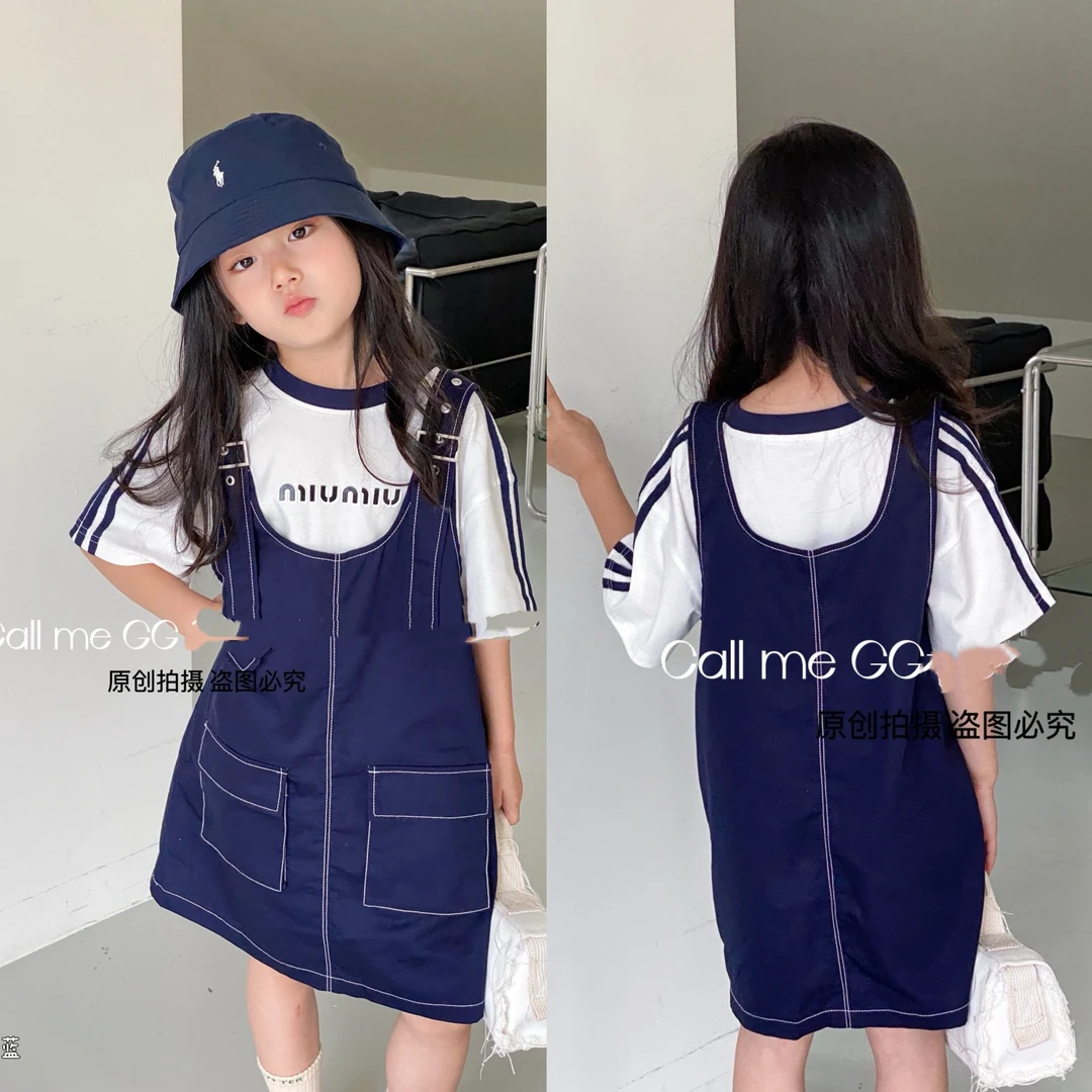 女童夏季短袖背带套装16376背带裙高街 时尚洋气韩版百搭拼接儿童