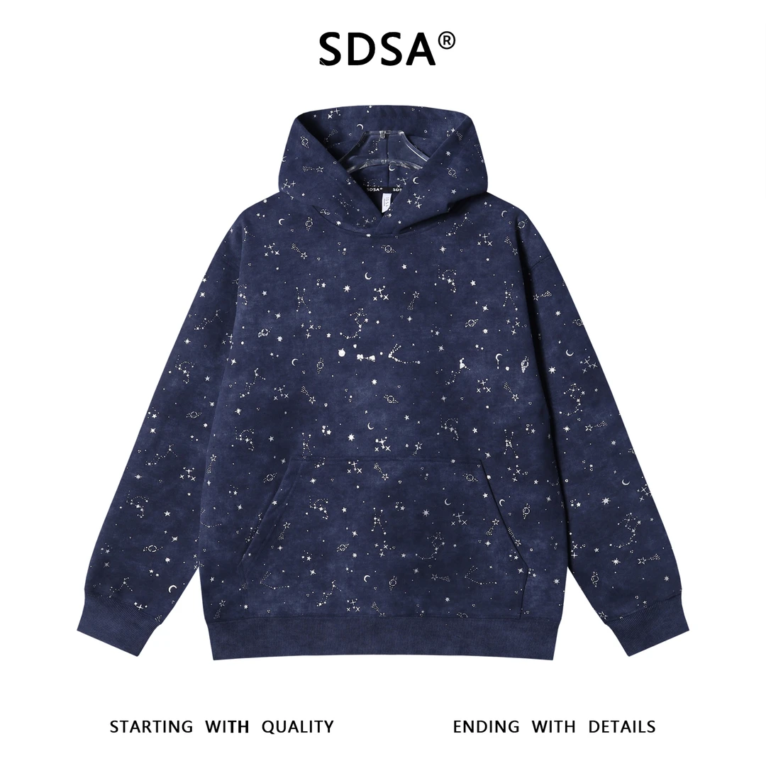SDSA男士秋冬新款痞帅男装潮牌星星月亮滴胶连帽卫衣百搭宽松上衣