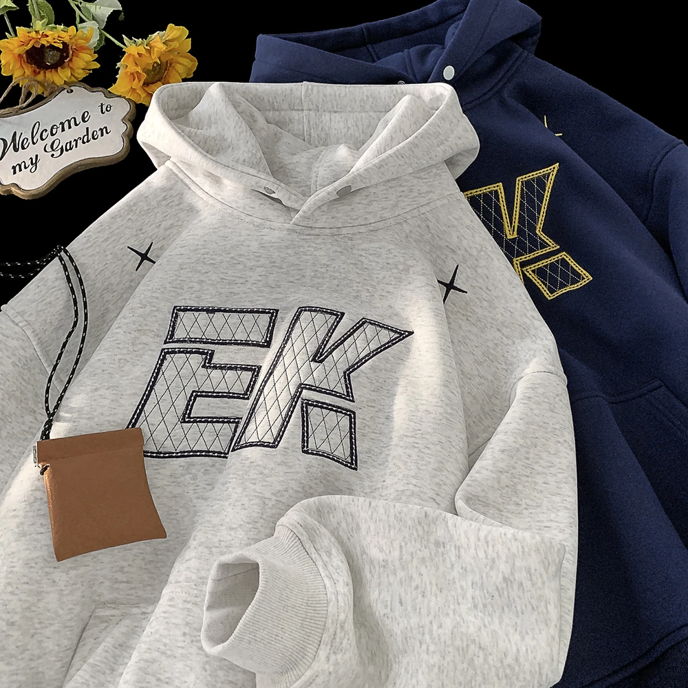 H-75白花灰重磅卫衣男秋冬季设计感字母刺绣连帽潮牌宽松高级感