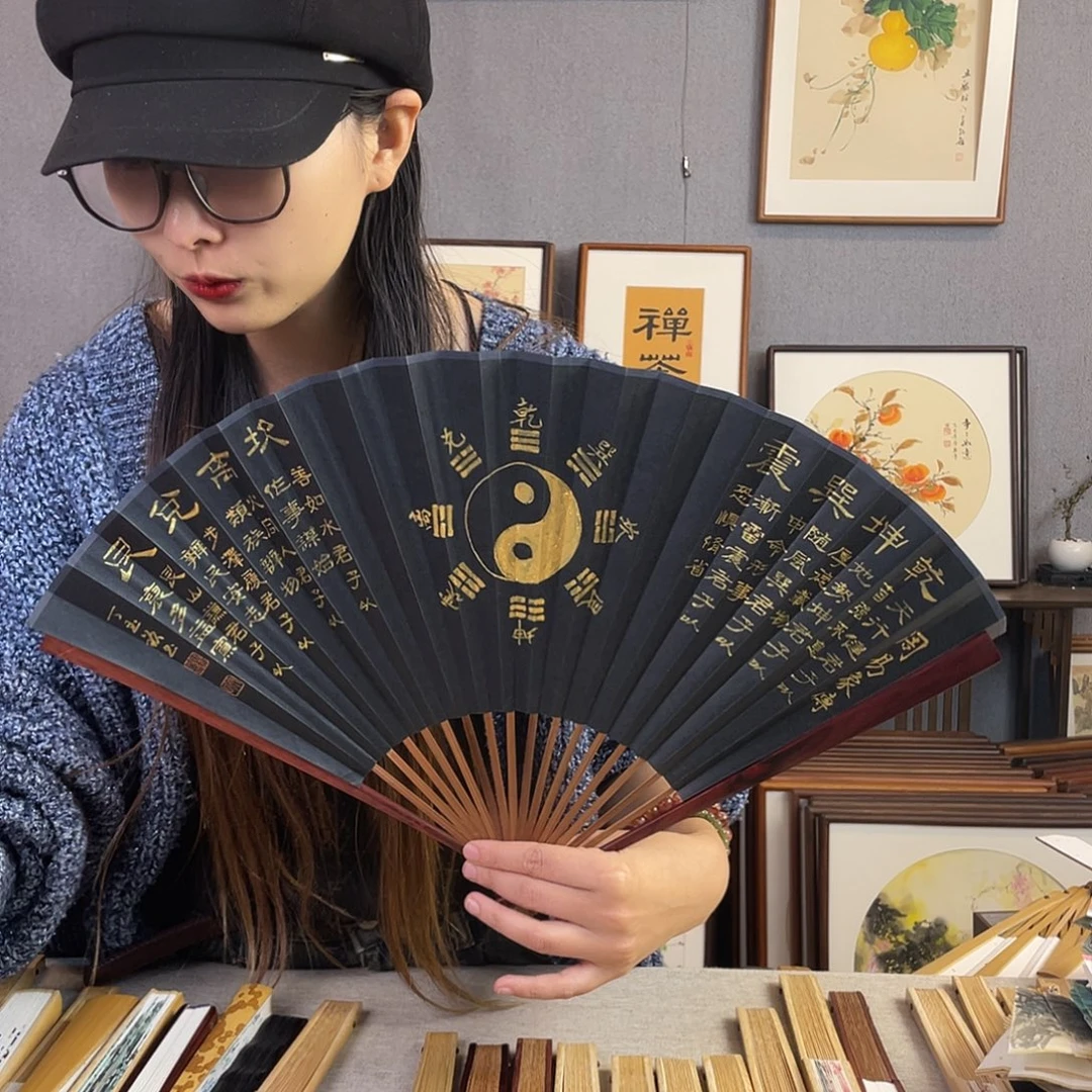 国画95寸红木-纯手绘-文玩扇骨（默认粘好）