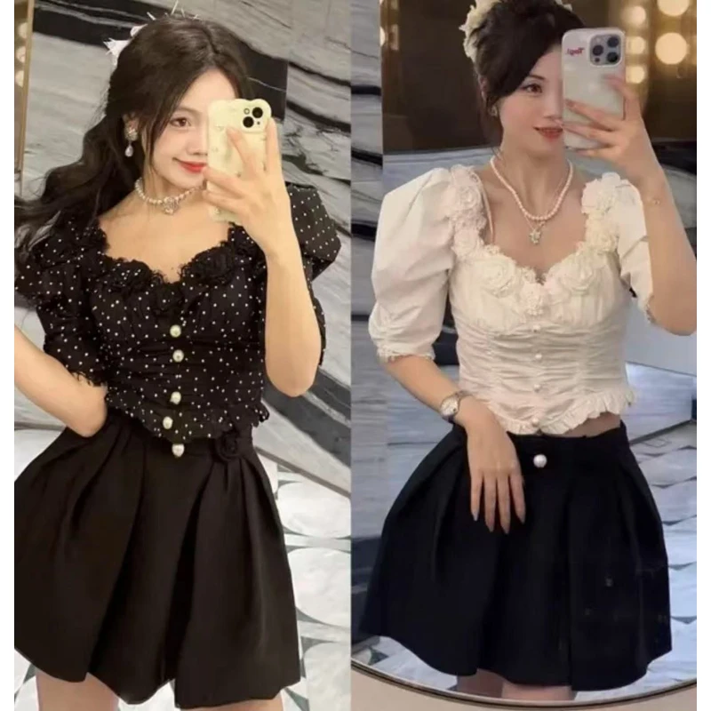 LIULIU 自带港风滤镜！复古黑白波点泡泡袖V领修身短款上衣2025夏
