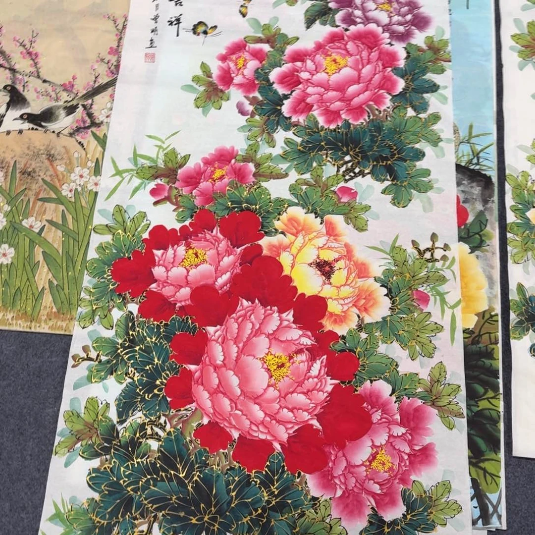 国画140×70千层金线牡丹画画