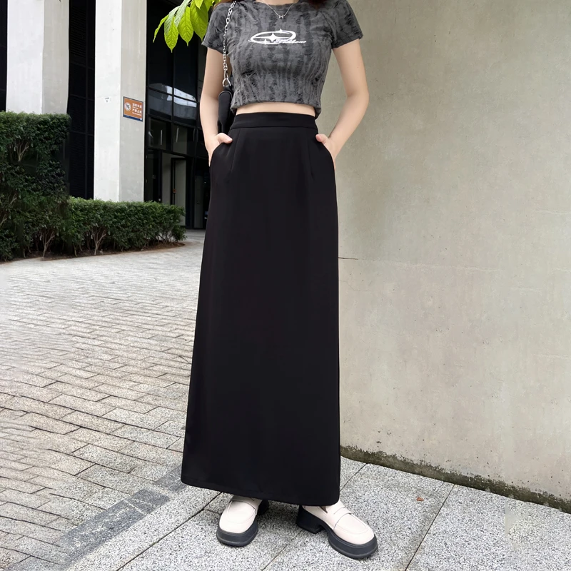 冰丝口袋西装半身裙女夏长款大码高腰a字后开叉垂感直筒包臀裙子