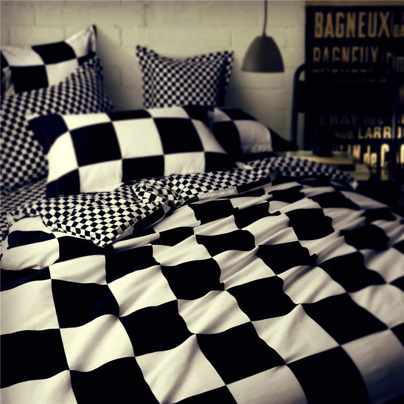 简约纯棉黑白四件套全棉格子星星四季款条纹个性床单被4件套春夏