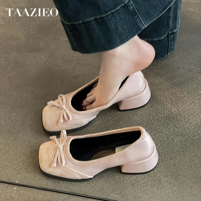 TAAZIEO法式复古蝴蝶结粗跟高跟鞋女2025玛丽珍鞋芭蕾鞋小皮鞋玛