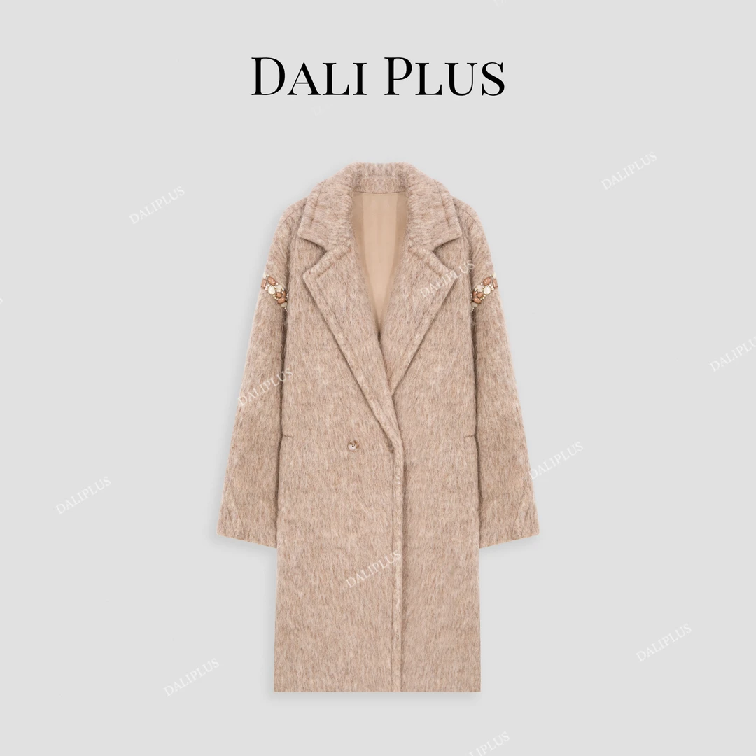 DALI PLUS【羊毛拉毛】精致宝石钉珠驼金色单面呢大衣-D4KK0164