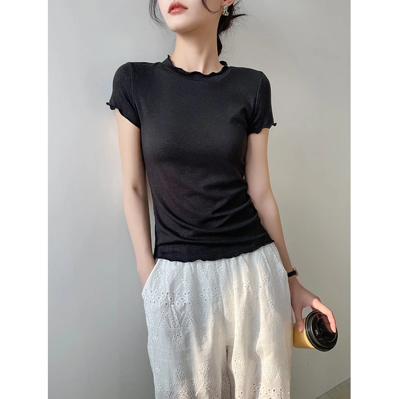 黑色圆领短袖女t恤夏2025新款木耳边小个子内搭打底正肩上衣修身