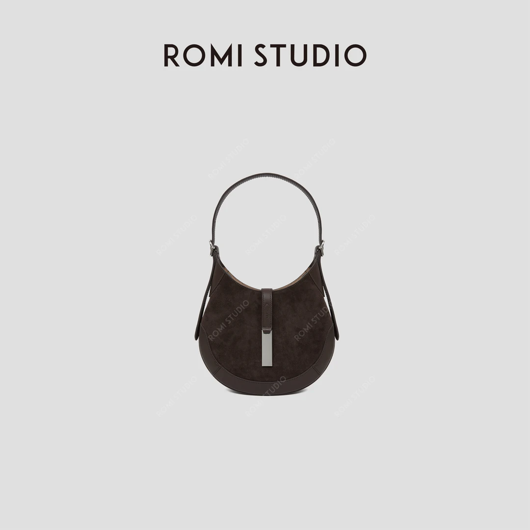 ROMI STUDIO“复古优雅”羊京绒拼头层牛皮单肩马鞍包 RW24LP31030