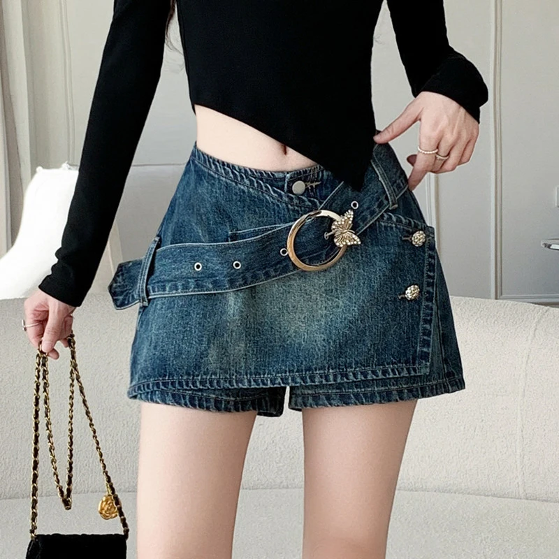 美式复古设计感牛仔裙裤子女夏季新款辣妹高腰显瘦阔腿热裤子ins