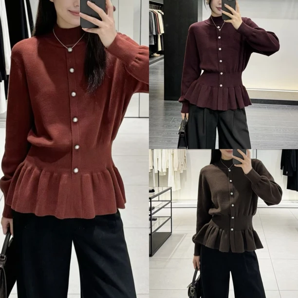 胸88-170长57内敛气质高级细闪袖口荷叶边设计针织上衣 4658