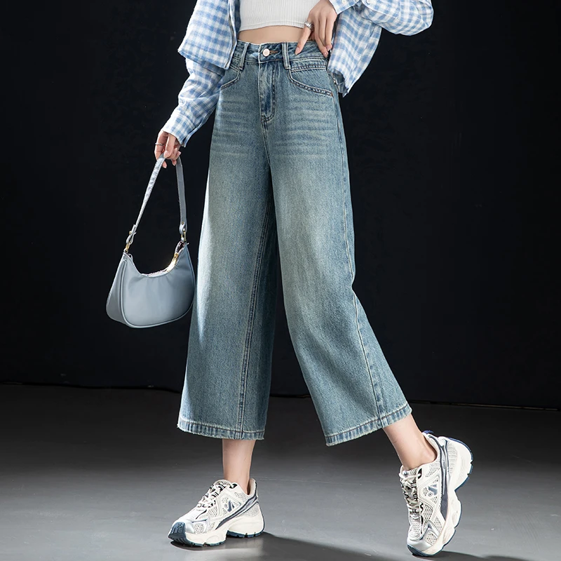 美式复古高街水洗直筒牛仔裤女春季2025小个子个性宽松高腰八分裤
