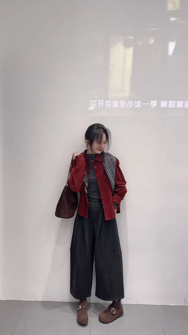 2025秋季新款复古披肩长袖灯芯绒衬衫女宽松衬衣外套阔腿裤套装