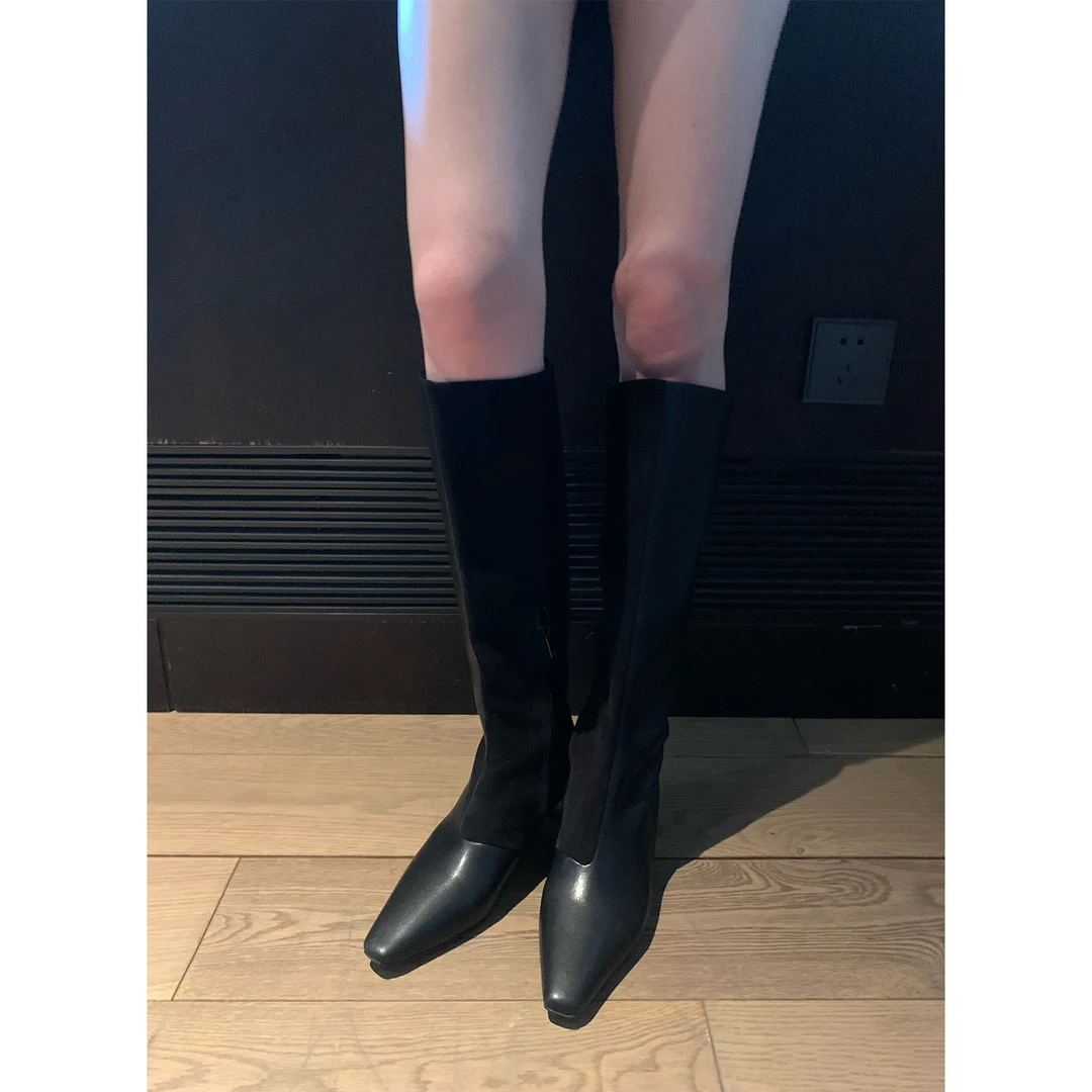 ASM ANNA 全定制头层牛皮&羊皮拼接高筒小猫跟靴子A2511BNX046