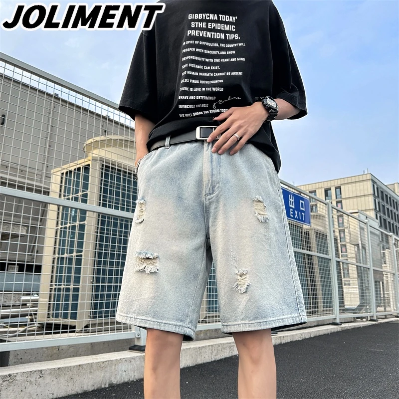 JOLIMENT街头牛仔短裤男士夏季水洗破洞宽松痞帅阔腿休闲五分裤