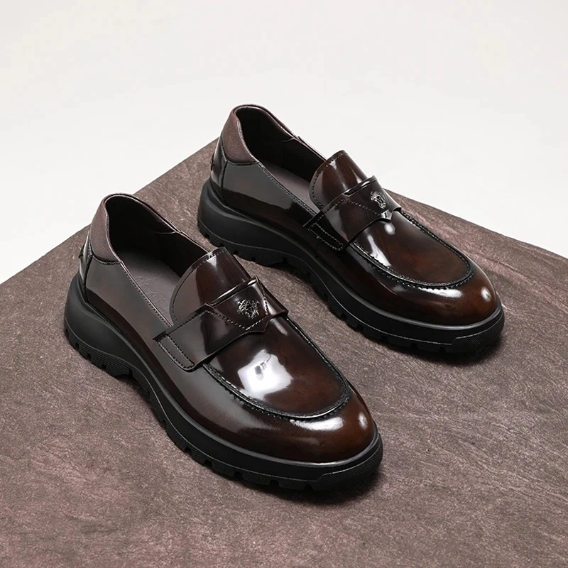 英伦风商务休闲皮鞋男亮面一脚蹬乐福鞋懒人厚底手工男鞋真皮透气