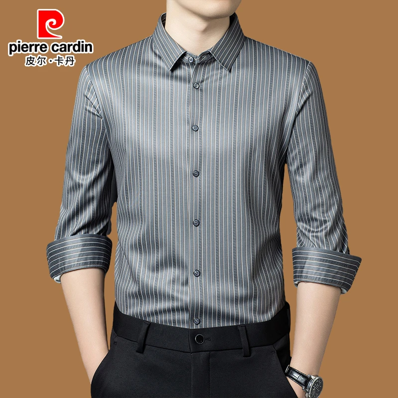 皮尔卡丹正品男士长袖衬衫春秋免烫条纹休闲中年高档潮流抗皱衬衣