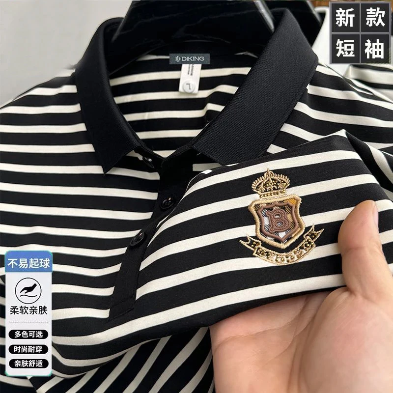夏季男士新款潮流休闲条纹POLO衫时尚宽松翻领短袖舒适透气T恤