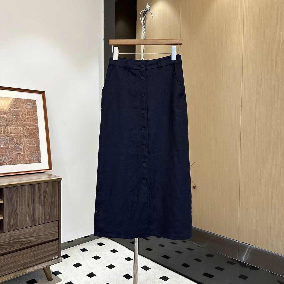 陈邓邓  25春夏新款100%进口雨露亚麻H版高腰单排扣开叉半裙4043