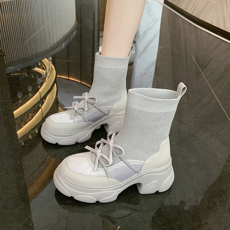 2025年秋季新款针织弹力靴厚底增高女鞋轻便百搭透气休闲百搭袜靴