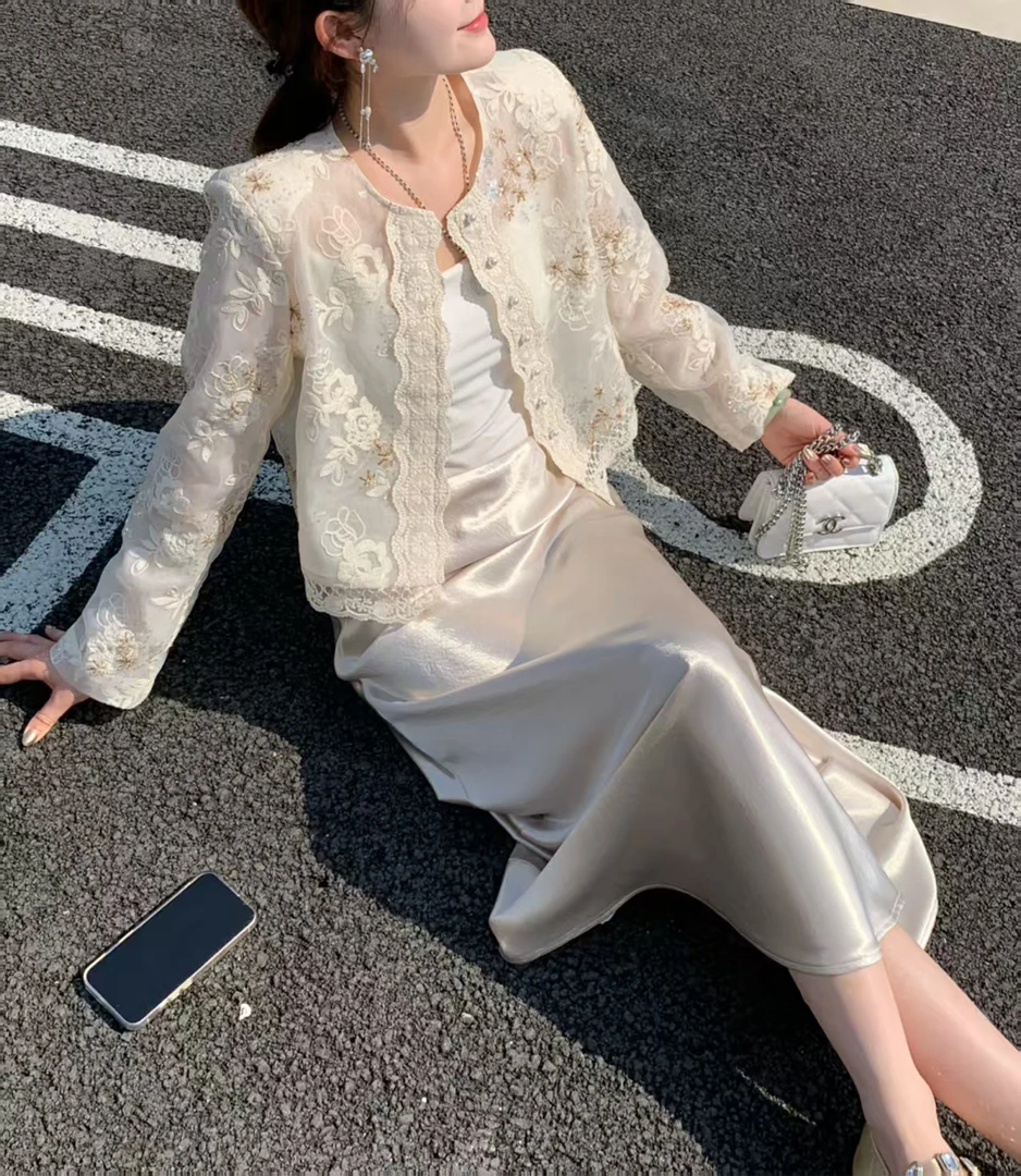 新中式国风超重工圆领蕾丝春季短外套时尚洋气防晒衣外搭夏季上衣